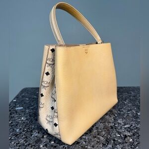 MCM Sarah Medium Monogram Leather Tote Bag in Latte Beige